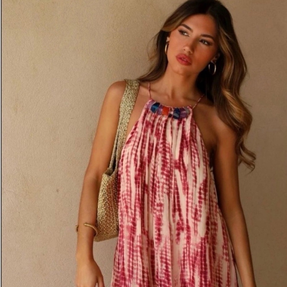 Zara Red Tie-Dye Stone Halter Mini Dress - Picture 4 of 8